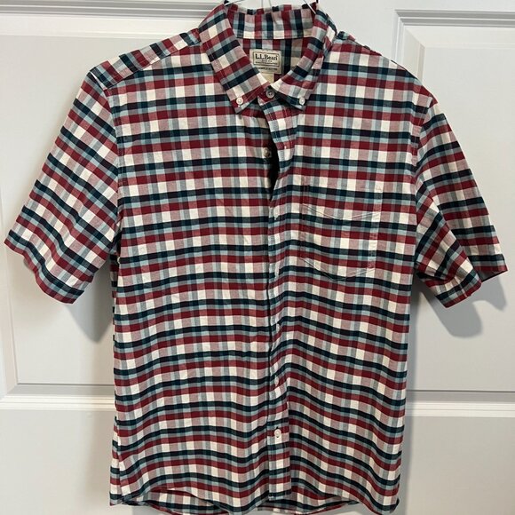 LL Bean Shirt Mens Medium Red Blue White Plaid Short Sleeve Button Down Pocket - Picture 2 of 5